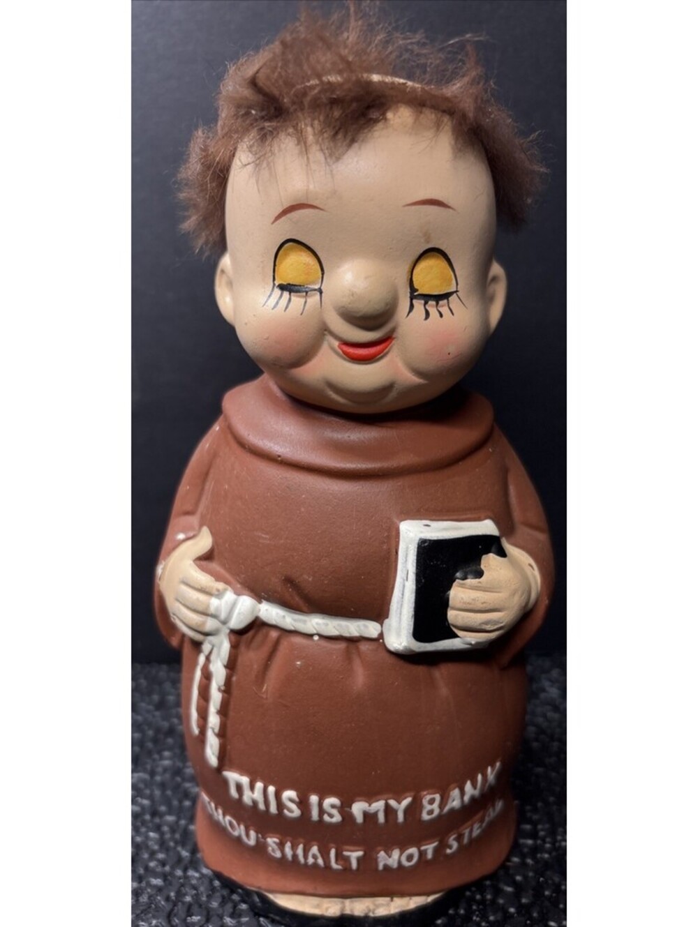 Vintage Monk Friar Tuck Ceramic Coin Bank "Thou Shalt Not Steal" Japan Hair MCM